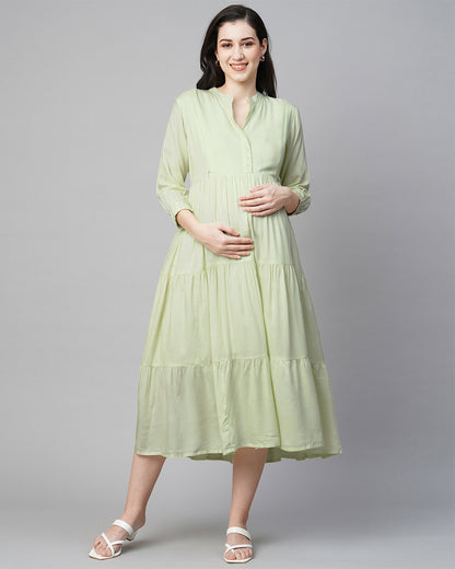 MomToBe Green Maternity Nursing Dress-Solid Color-Viscose Rayon-Mandarin Collar-Bump Friendly