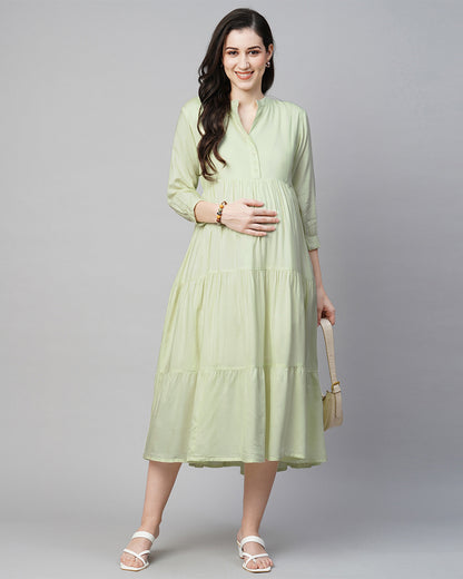 MomToBe Green Maternity Nursing Dress-Solid Color-Viscose Rayon-Mandarin Collar-Bump Friendly