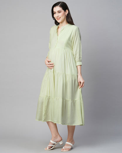 MomToBe Green Maternity Nursing Dress-Solid Color-Viscose Rayon-Mandarin Collar-Bump Friendly