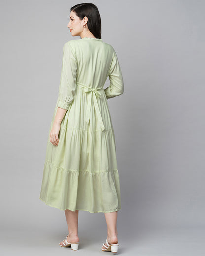 MomToBe Green Maternity Nursing Dress-Solid Color-Viscose Rayon-Mandarin Collar-Bump Friendly