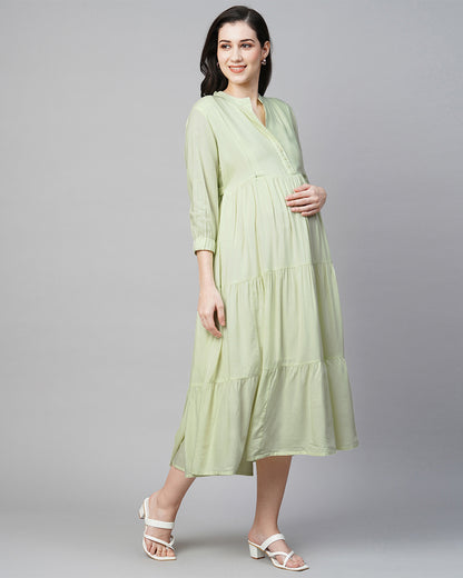 MomToBe Green Maternity Nursing Dress-Solid Color-Viscose Rayon-Mandarin Collar-Bump Friendly