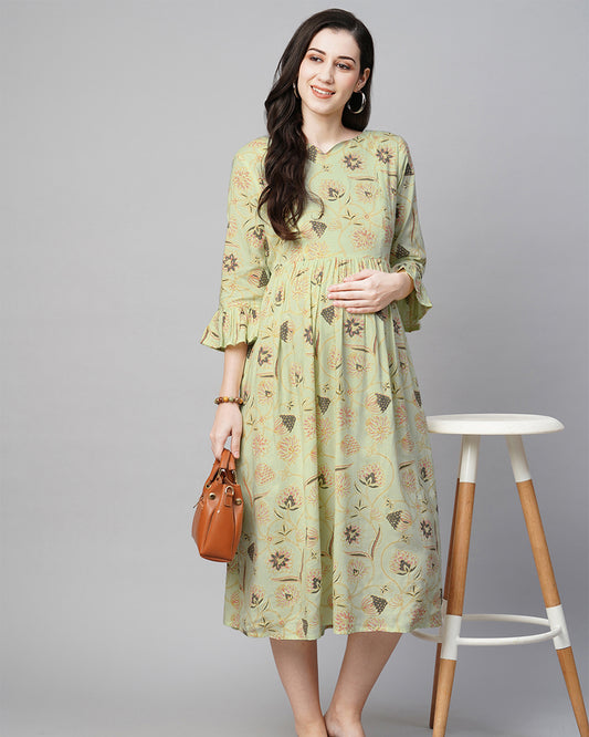 MomToBe Green Maternity Nursing Dress-Floral Print-Rayon-Sweetheart Neck-Bump Friendly