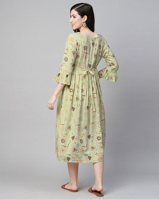 MomToBe Green Maternity Nursing Dress-Floral Print-Rayon-Sweetheart Neck-Bump Friendly