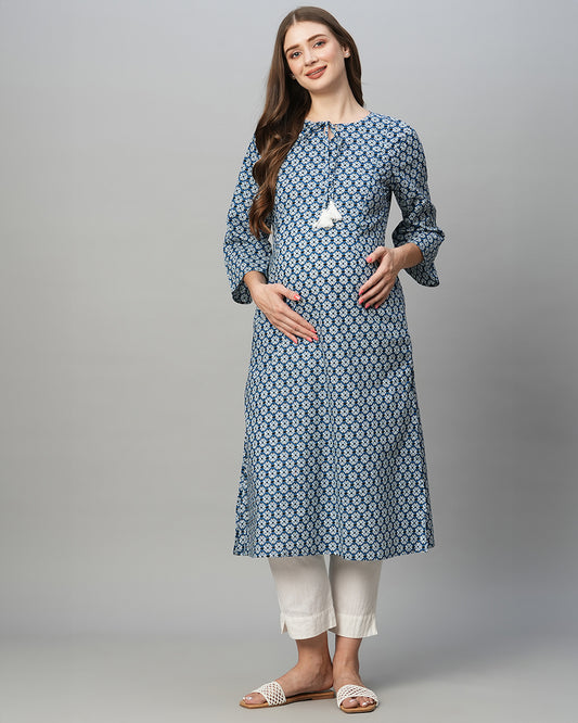 MomToBe Blue Maternity Nursing Kurta-Motifs Print-Cotton Blend-Tie-up Neck-Bump Friendly