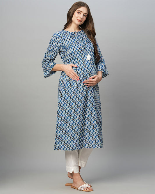 MomToBe Blue Maternity Nursing Kurta-Motifs Print-Cotton Blend-Tie-up Neck-Bump Friendly