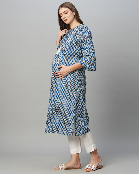 MomToBe Blue Maternity Nursing Kurta-Motifs Print-Cotton Blend-Tie-up Neck-Bump Friendly