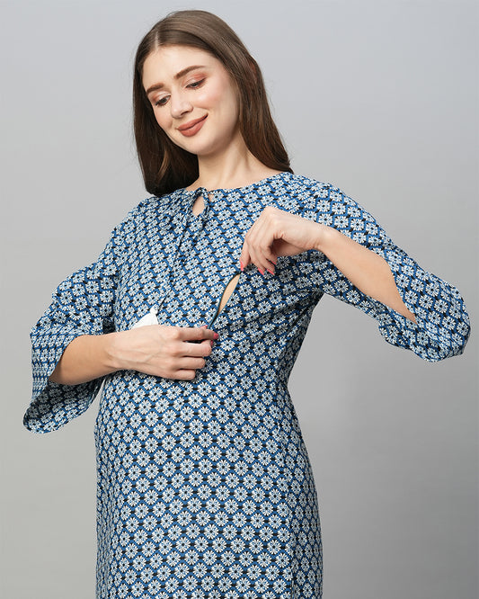 MomToBe Blue Maternity Nursing Kurta-Motifs Print-Cotton Blend-Tie-up Neck-Bump Friendly