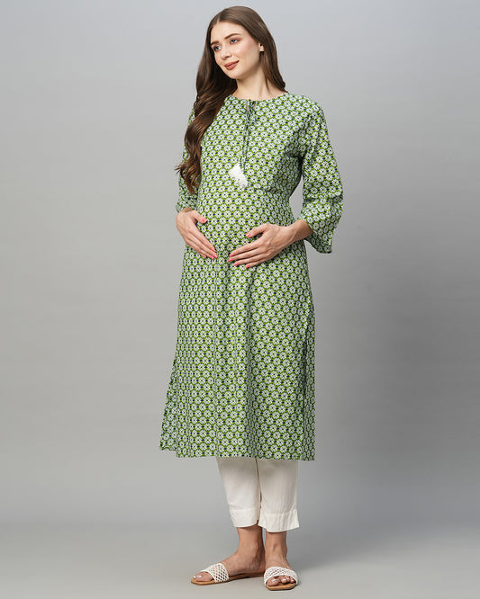 MomToBe Green Maternity Nursing Kurta-Motifs Print-Cotton Blend-Tie-up Neck-Bump Friendly