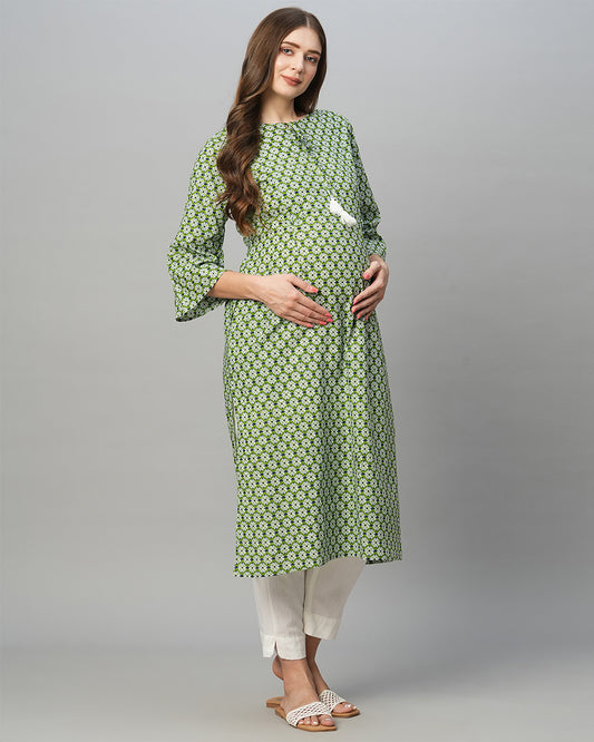 MomToBe Green Maternity Nursing Kurta-Motifs Print-Cotton Blend-Tie-up Neck-Bump Friendly