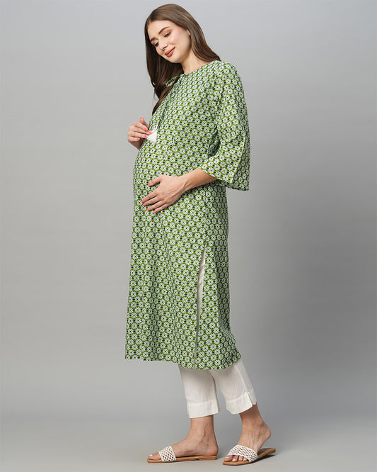 MomToBe Green Maternity Nursing Kurta-Motifs Print-Cotton Blend-Tie-up Neck-Bump Friendly