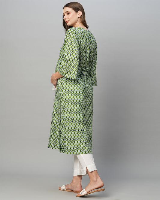 MomToBe Green Maternity Nursing Kurta-Motifs Print-Cotton Blend-Tie-up Neck-Bump Friendly