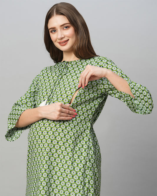 MomToBe Green Maternity Nursing Kurta-Motifs Print-Cotton Blend-Tie-up Neck-Bump Friendly