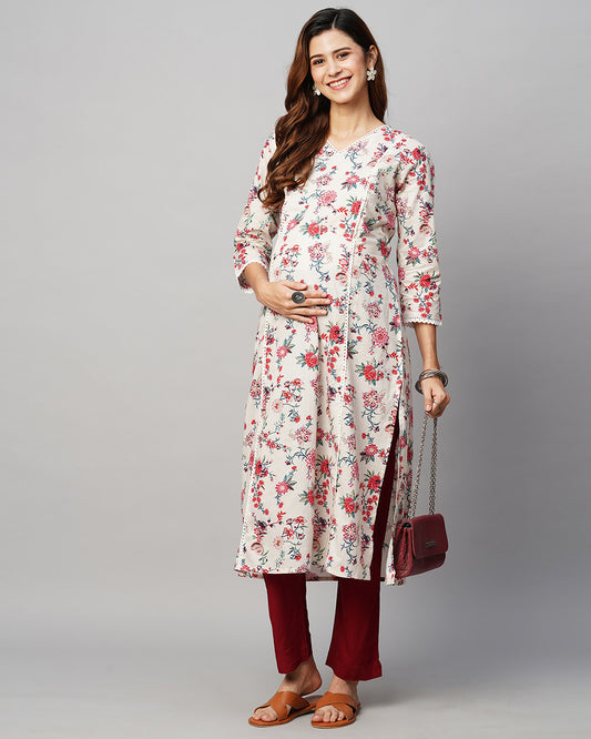 MomToBe Cream Maternity Nursing Kurta-Floral Print-Cotton-V Neck-Bump Friendly