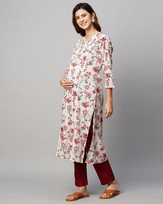 MomToBe Cream Maternity Nursing Kurta-Floral Print-Cotton-V Neck-Bump Friendly