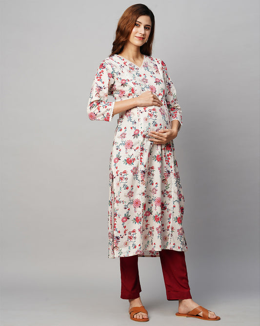 MomToBe Cream Maternity Nursing Kurta-Floral Print-Cotton-V Neck-Bump Friendly