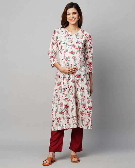 MomToBe Cream Maternity Nursing Kurta-Floral Print-Cotton-V Neck-Bump Friendly