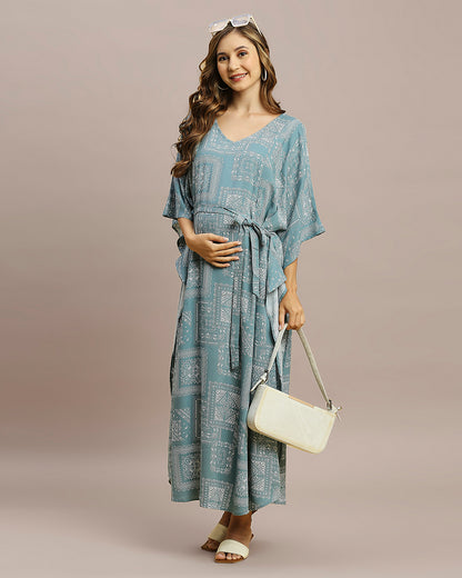 MomToBe Grey Maternity Nursing Kaftan-Paisley Print-Rayon-V Neck-Bump Friendly