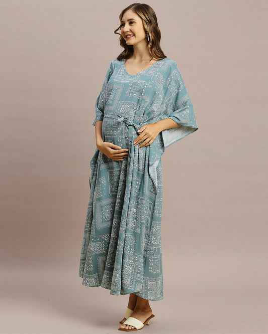 MomToBe Grey Maternity Nursing Kaftan-Paisley Print-Rayon-V Neck-Bump Friendly