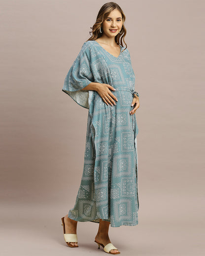 MomToBe Grey Maternity Nursing Kaftan-Paisley Print-Rayon-V Neck-Bump Friendly