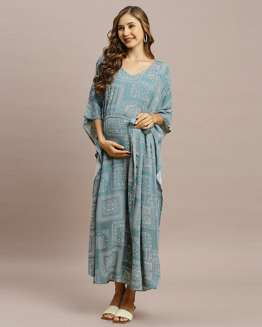 MomToBe Grey Maternity Nursing Kaftan-Paisley Print-Rayon-V Neck-Bump Friendly