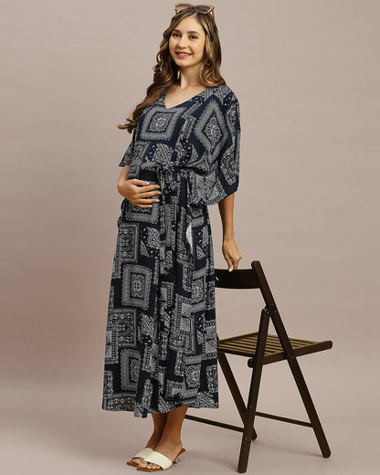 MomToBe Navy Blue Maternity Nursing Kaftan-Paisley Print-Rayon-V Neck-Bump Friendly