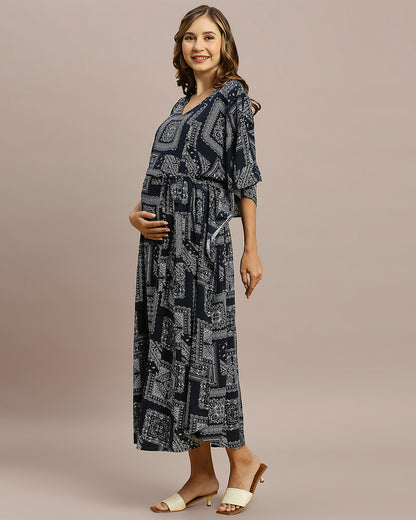 MomToBe Navy Blue Maternity Nursing Kaftan-Paisley Print-Rayon-V Neck-Bump Friendly