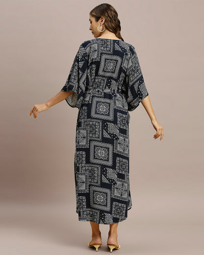 MomToBe Navy Blue Maternity Nursing Kaftan-Paisley Print-Rayon-V Neck-Bump Friendly