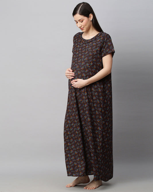 MomToBe Brown Maternity Nursing Nighty-Floral Print-Cotton Blend-Round Neck-Bump Friendly