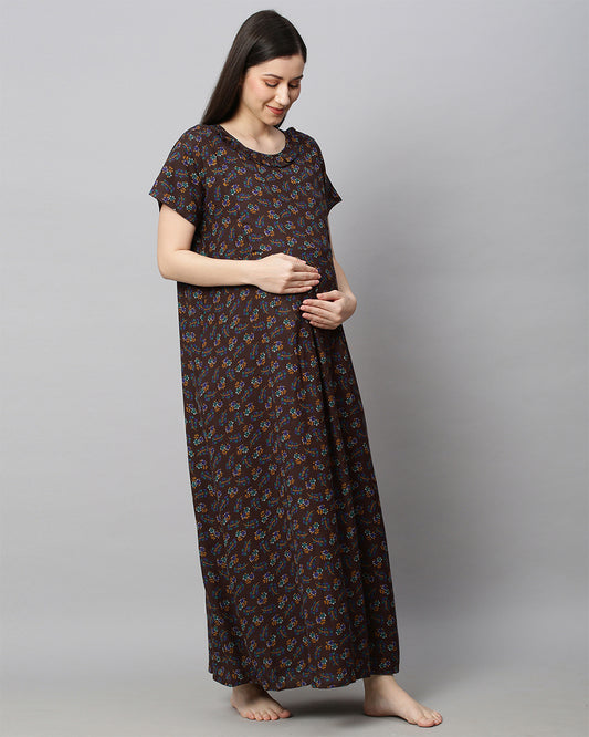 MomToBe Brown Maternity Nursing Nighty-Floral Print-Cotton Blend-Round Neck-Bump Friendly