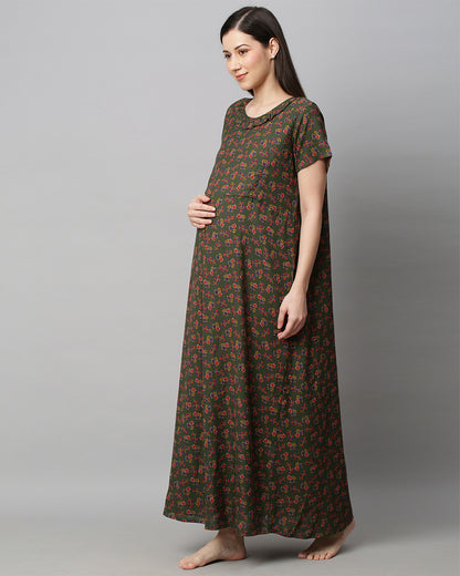 MomToBe Green Maternity Nursing Nighty-Floral Print-Cotton Blend-Round Neck-Bump Friendly