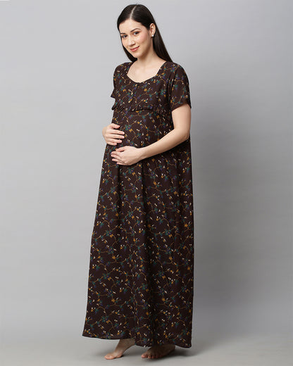 MomToBe Brown Maternity Nursing Nighty-Floral Print-Cotton Blend-Sweetheart Neck with Buttons-Bump Friendly