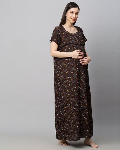 MomToBe Brown Maternity Nursing Nighty-Floral Print-Cotton Blend-Sweetheart Neck with Buttons-Bump Friendly