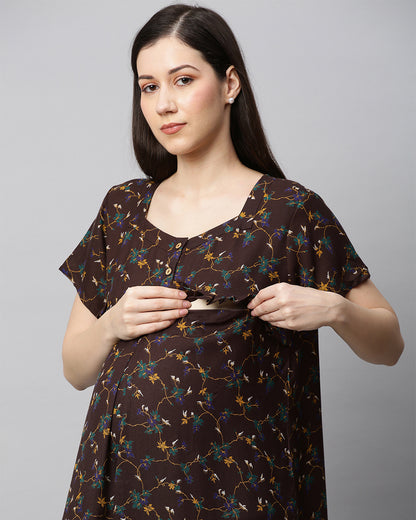 MomToBe Brown Maternity Nursing Nighty-Floral Print-Cotton Blend-Sweetheart Neck with Buttons-Bump Friendly