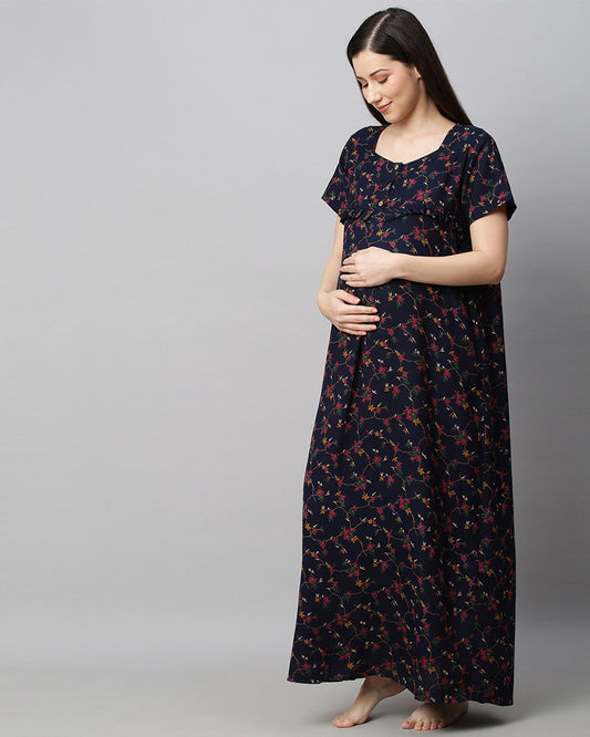 MomToBe Navy Blue Maternity Nursing Nighty-Floral Print-Cotton Blend-Sweetheart Neck with Buttons-Bump Friendly