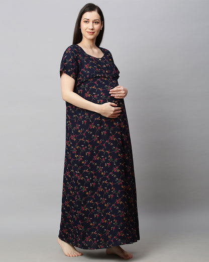 MomToBe Navy Blue Maternity Nursing Nighty-Floral Print-Cotton Blend-Sweetheart Neck with Buttons-Bump Friendly