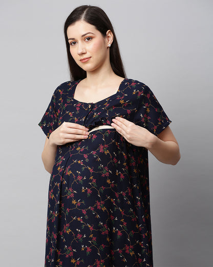 MomToBe Navy Blue Maternity Nursing Nighty-Floral Print-Cotton Blend-Sweetheart Neck with Buttons-Bump Friendly