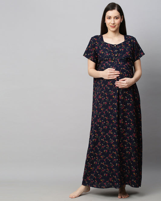 MomToBe Navy Blue Maternity Nursing Nighty-Floral Print-Cotton Blend-Sweetheart Neck with Buttons-Bump Friendly