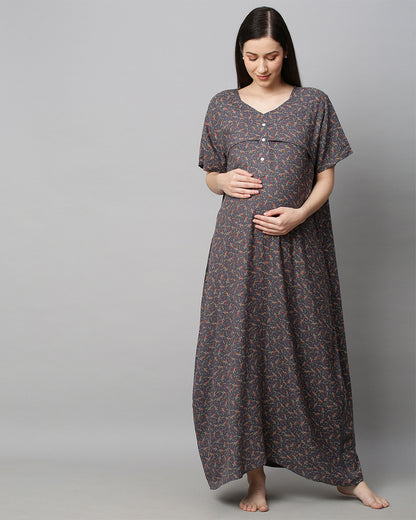 MomToBe Grey Maternity Nursing Nighty-Floral Print-Cotton Blend-Sweetheart Neck-Bump Friendly