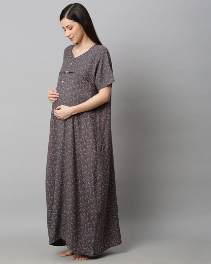 MomToBe Grey Maternity Nursing Nighty-Floral Print-Cotton Blend-Sweetheart Neck-Bump Friendly