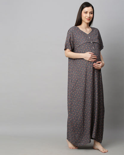 MomToBe Grey Maternity Nursing Nighty-Floral Print-Cotton Blend-Sweetheart Neck-Bump Friendly