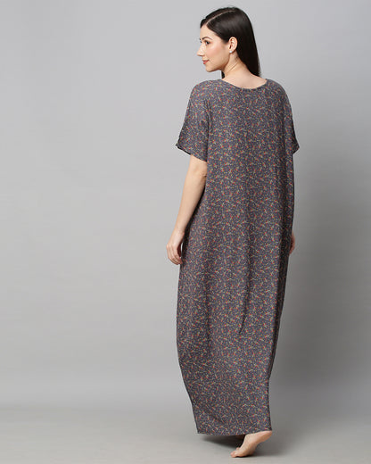 MomToBe Grey Maternity Nursing Nighty-Floral Print-Cotton Blend-Sweetheart Neck-Bump Friendly