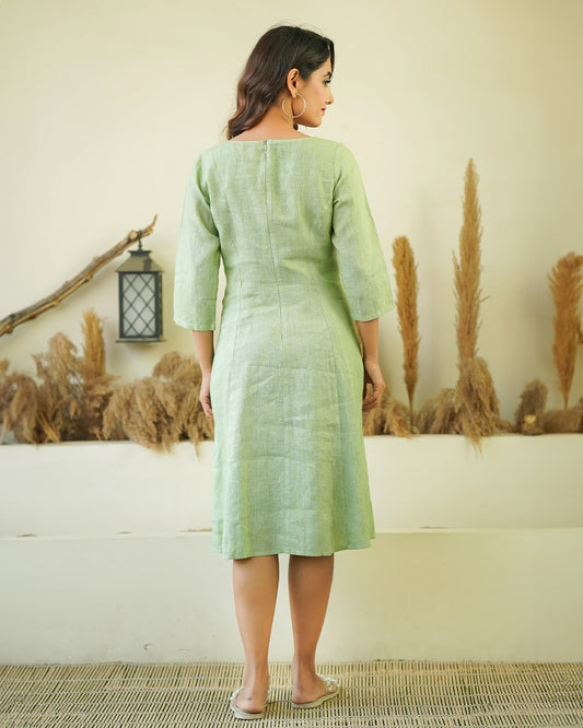 Ellementree Sage Green Maternity Dress-Solid-Premium European Linen-Round Neck-Bump Friendly