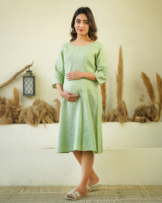 Ellementree Sage Green Maternity Dress-Solid-Premium European Linen-Round Neck-Bump Friendly