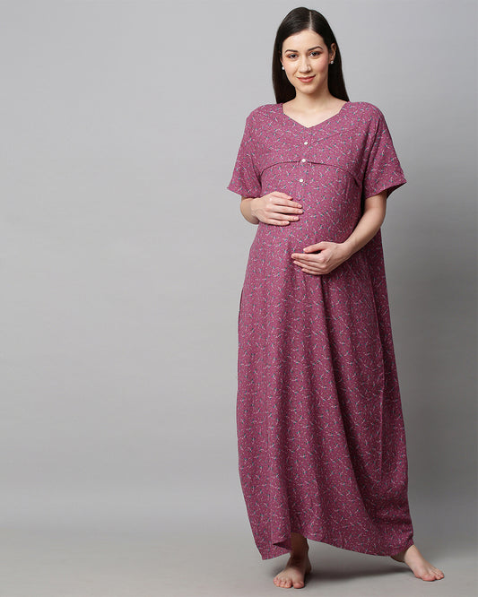 MomToBe Purple Maternity Nursing Nighty-Floral Print-Cotton Blend-Sweetheart Neck-Bump Friendly