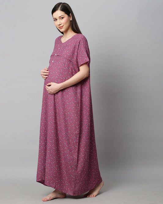 MomToBe Purple Maternity Nursing Nighty-Floral Print-Cotton Blend-Sweetheart Neck-Bump Friendly