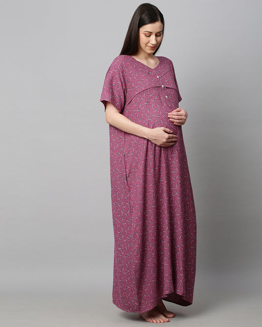 MomToBe Purple Maternity Nursing Nighty-Floral Print-Cotton Blend-Sweetheart Neck-Bump Friendly