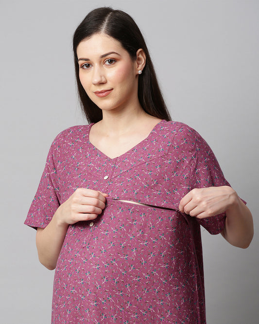 MomToBe Purple Maternity Nursing Nighty-Floral Print-Cotton Blend-Sweetheart Neck-Bump Friendly