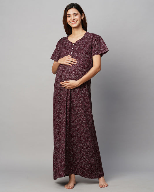 MomToBe Wine Maternity Nursing Nighty-Floral Print-Cotton Blend-Sweetheart Neck-Bump Friendly