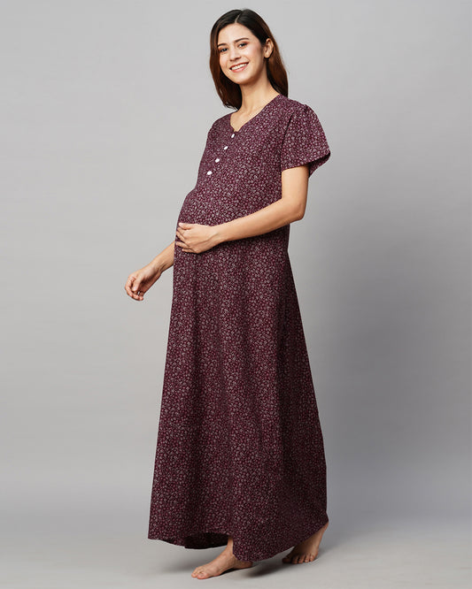 MomToBe Wine Maternity Nursing Nighty-Floral Print-Cotton Blend-Sweetheart Neck-Bump Friendly