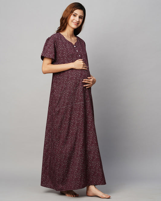 MomToBe Wine Maternity Nursing Nighty-Floral Print-Cotton Blend-Sweetheart Neck-Bump Friendly